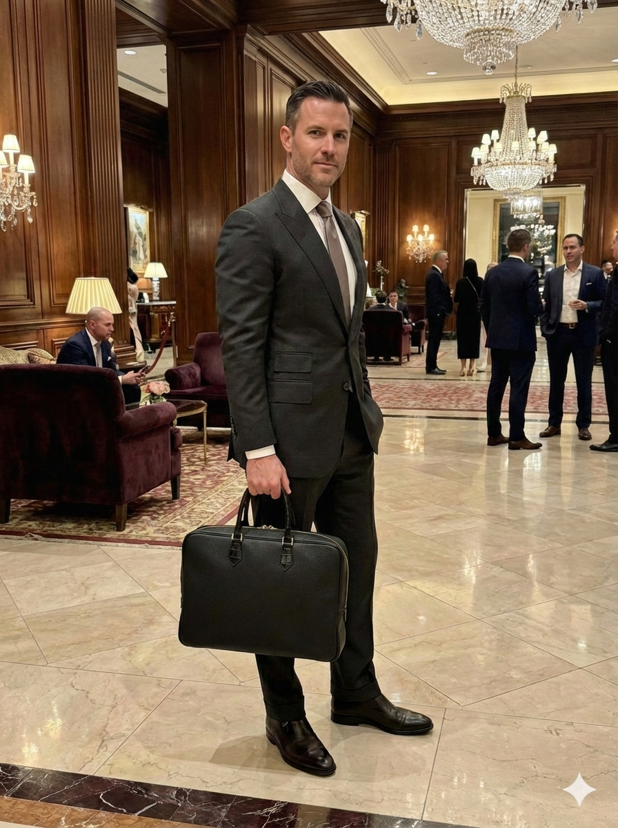 Custom Togo Leather Briefcase with Genuine Alligator Handles - Black