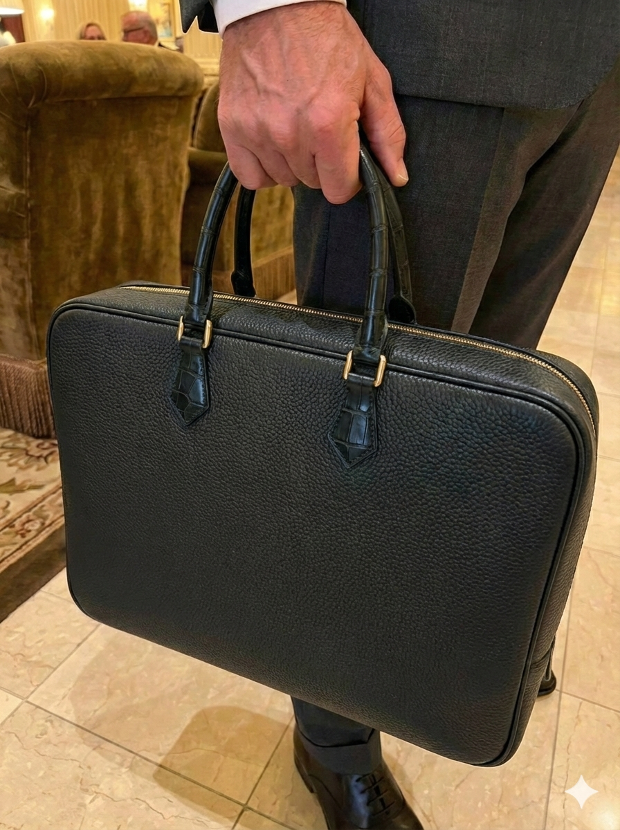 Custom Togo Leather Briefcase with Genuine Alligator Handles - Black