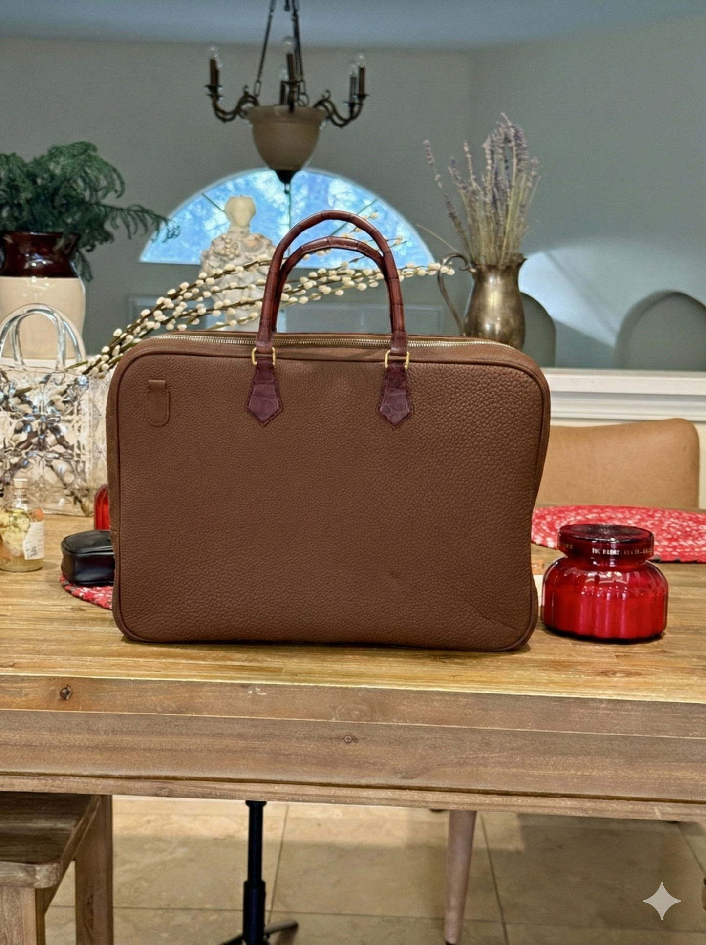 Custom Togo Leather Briefcase with Genuine Alligator Handles - Dark Brown