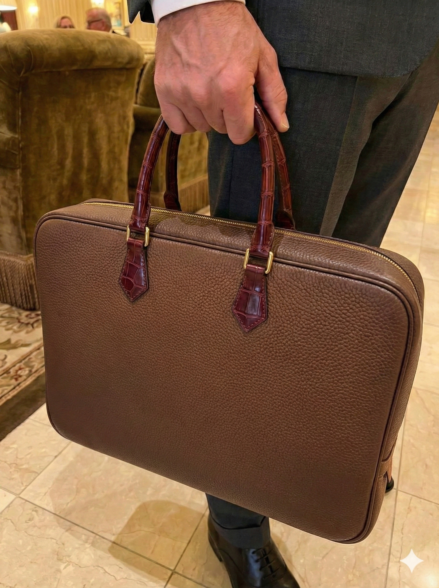 Custom Togo Leather Briefcase with Genuine Alligator Handles - Dark Brown