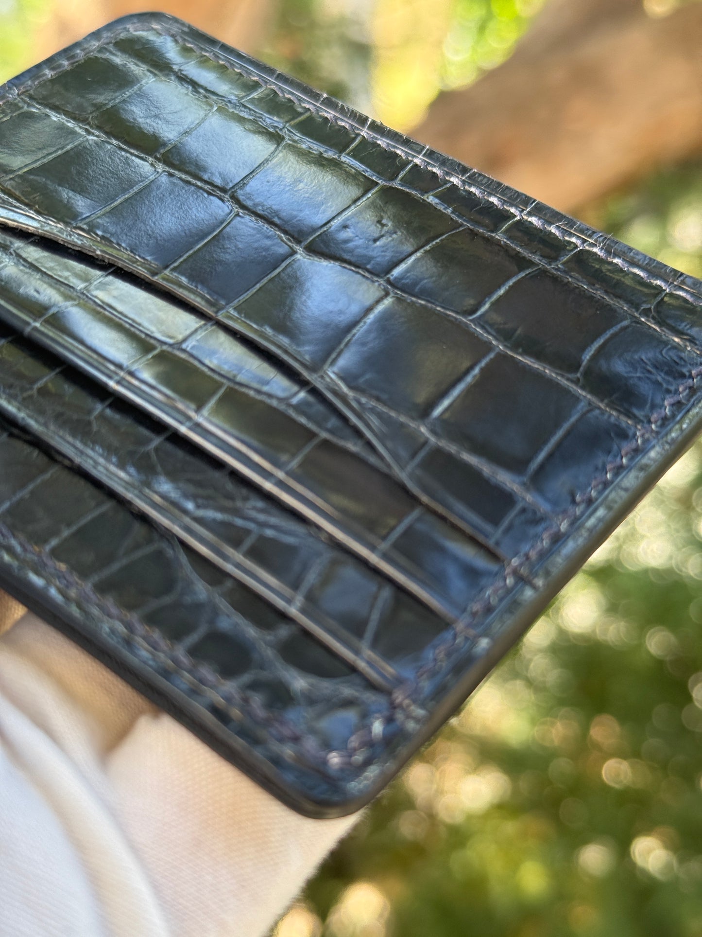 
                  
                    Another close-up of glossy navy alligator leather under the sunlight
                  
                