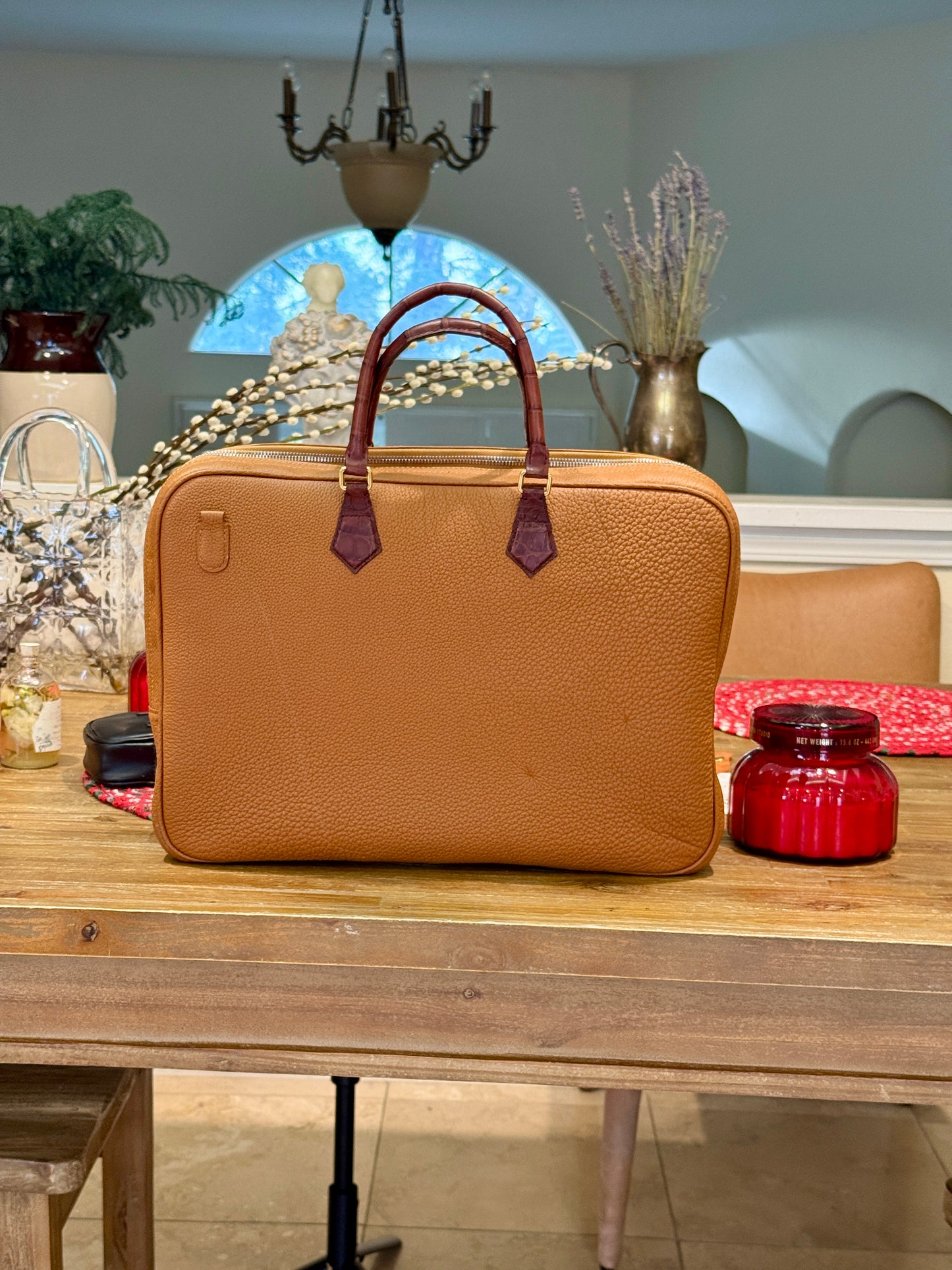 
                  
                    Custom Togo Leather Briefcase with Genuine Alligator Handles - Light Brown
                  
                