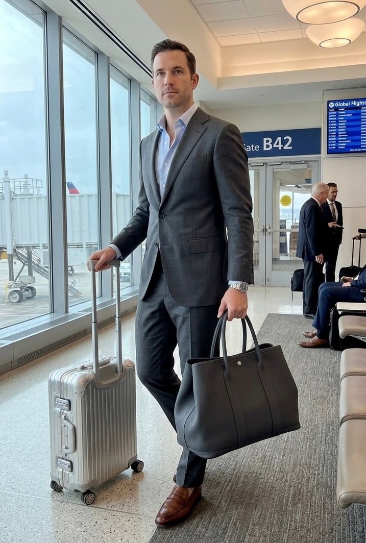 
                  
                    Man carrying a handcrafted large gray Togo leather voyager tote bag through an airport terminal
                  
                