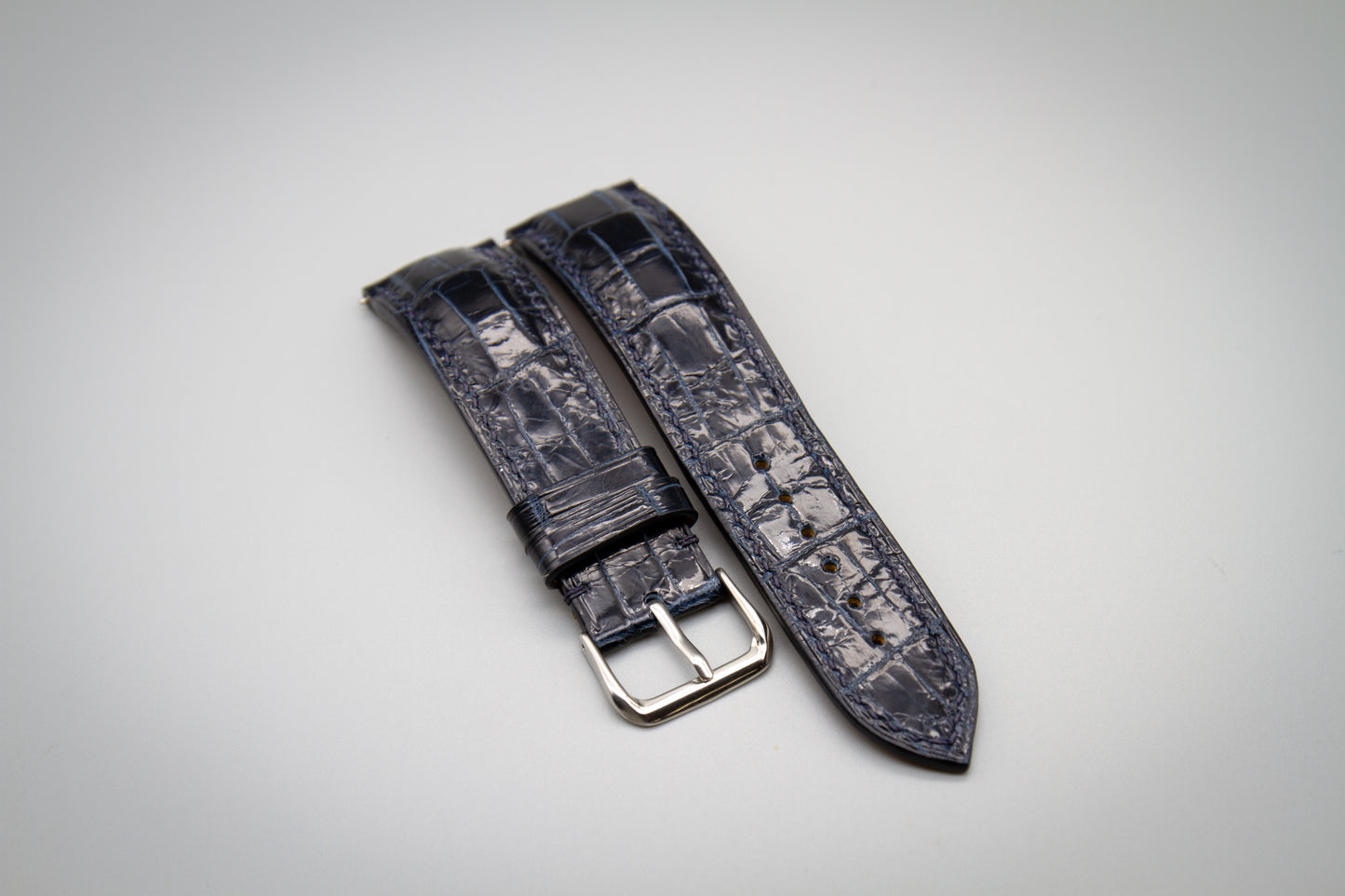 
                  
                    Custom padded midnight blue alligator watch strap for luxury timepieces
                  
                
