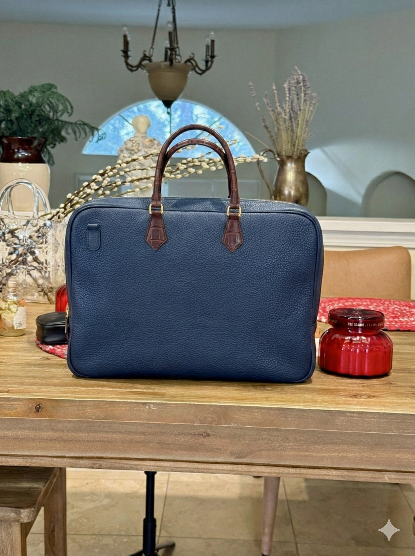 
                  
                    Custom Togo Leather Briefcase with Genuine Alligator Handles - Navy
                  
                