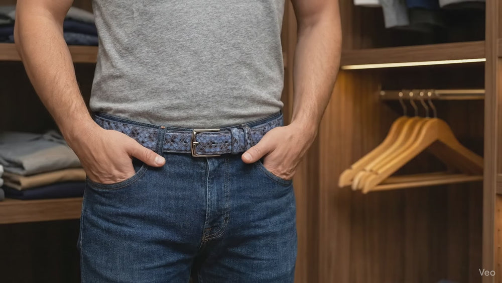 
                  
                    Load and play video in Gallery viewer, Anaconda Leather Belt - Blue
                  
                