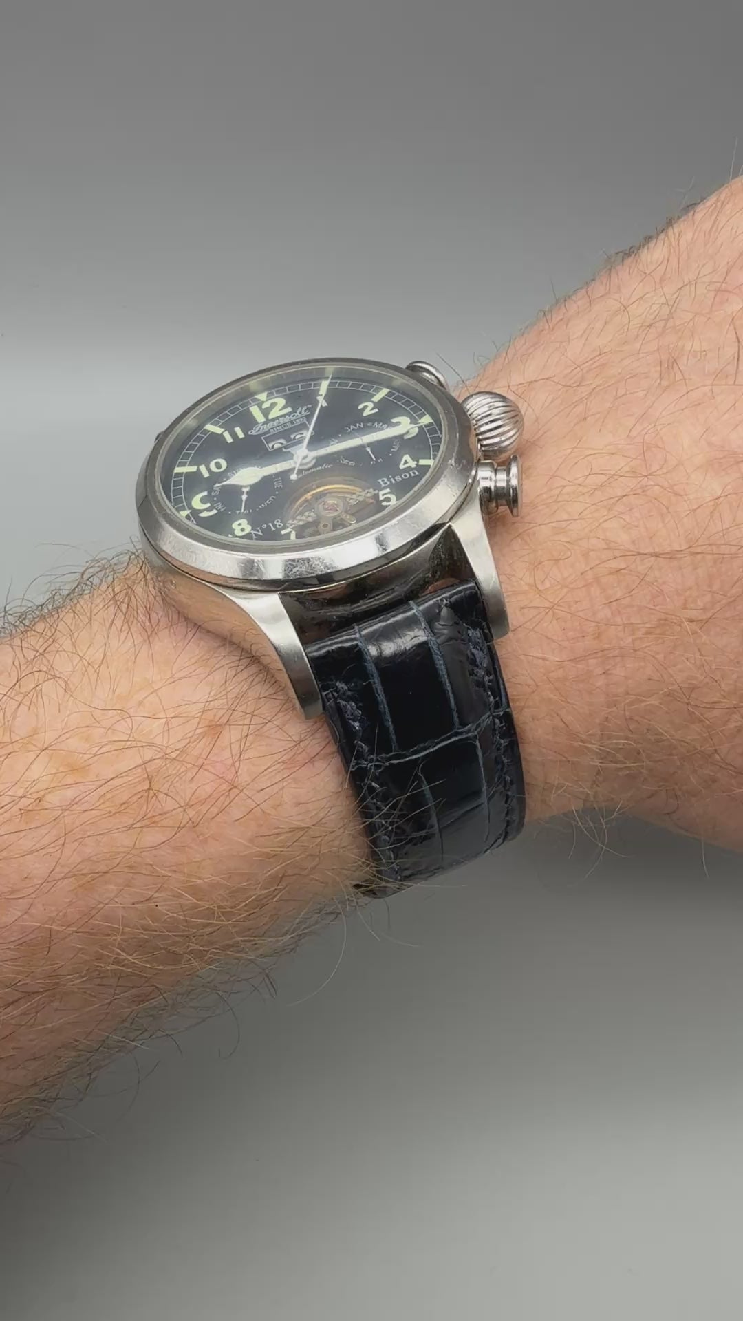 
                  
                    Load and play video in Gallery viewer, Handmade midnight blue alligator watch strap paired with stainless steel buckle
                  
                