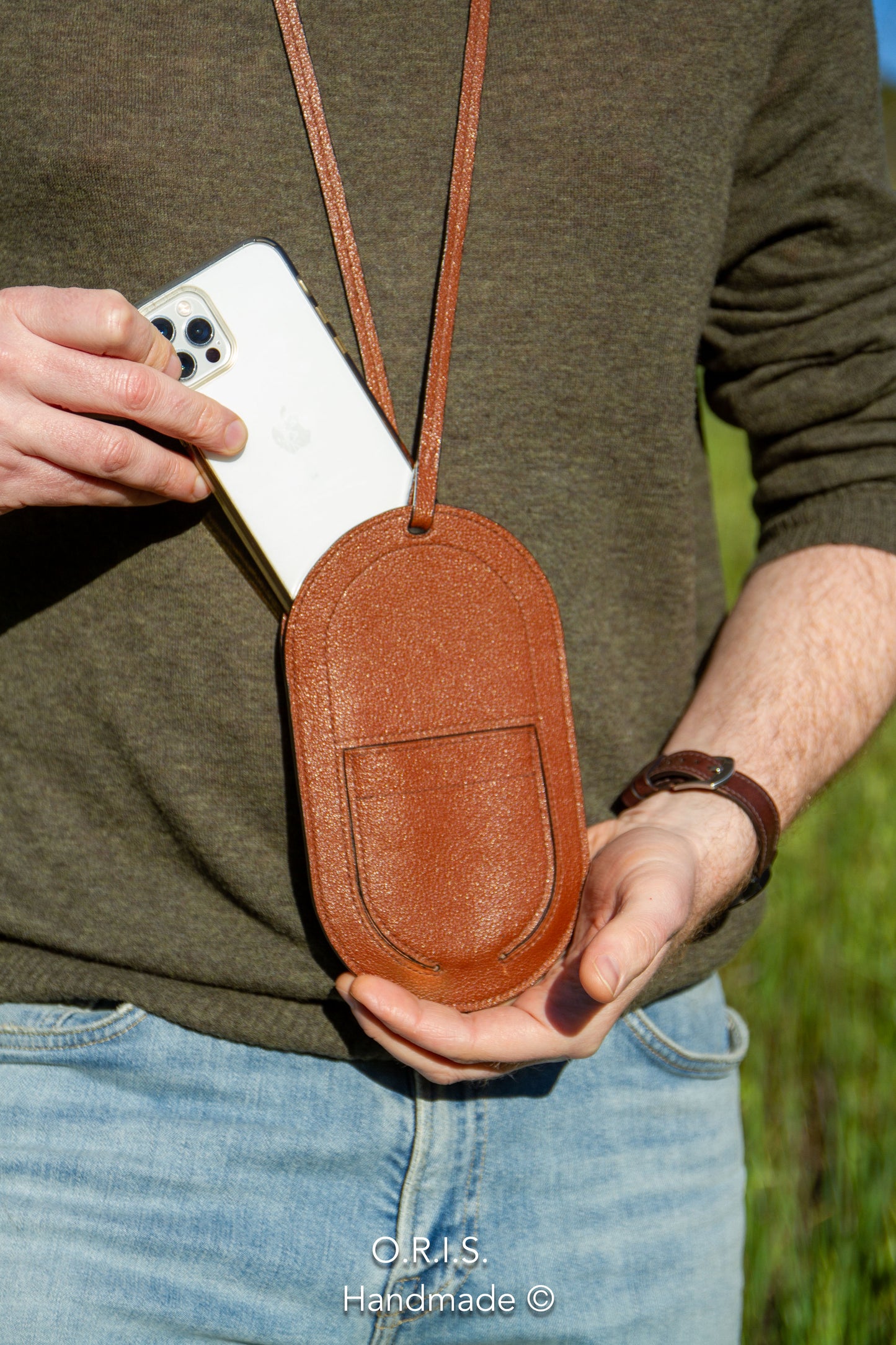 
                  
                    Unisex Phone Pouch in Brown French Chèvre
                  
                