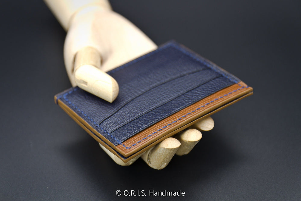 Chèvre and Saffiano Leather Card Wallet - Blue & Brown Card Holder Men Women Unisex
